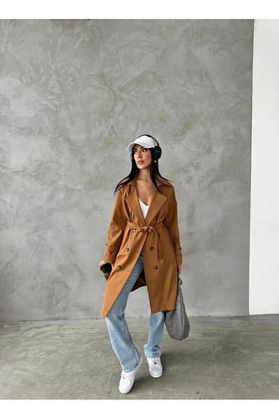 giyimmasalı Bondit Fabric Front Buttoned Trench Coat - Brown