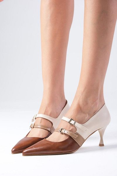Mio Gusto Amber Tan Colored - Double Striped Pointed Toe Women's Heeled Shoes