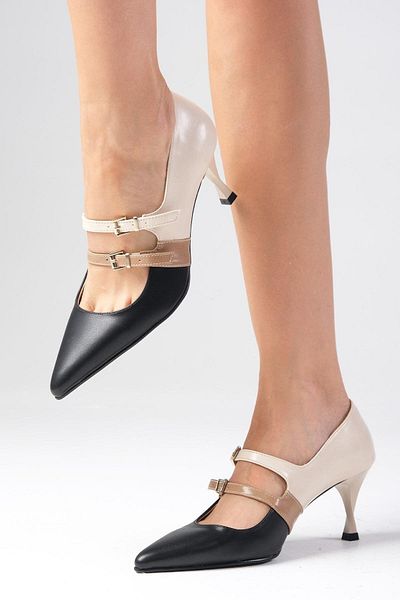 Mio Gusto Amber Black Pointed Toe Double Strap Women's Heeled Shoes