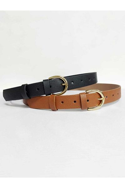 Kemerix Women's Black-tan Double Belt Set with Gold Buckle