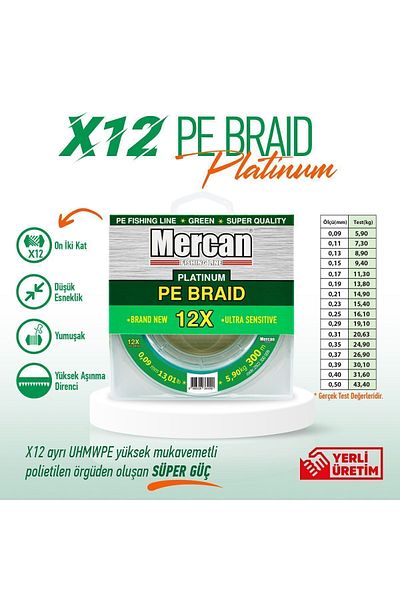 Mercan Green Pe Braid Platinum X12 Thread 300m Reel Fishing Line