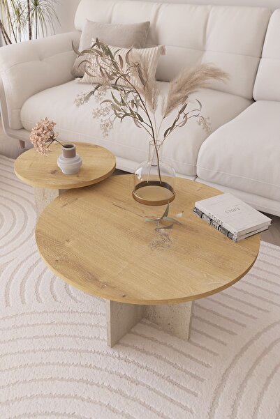 OBİ Atölye 2 li Orta Sehpa Seti, İskandinav Stil, Bohem, 72 cm, 40 cm - Safir Meşe & Traverten