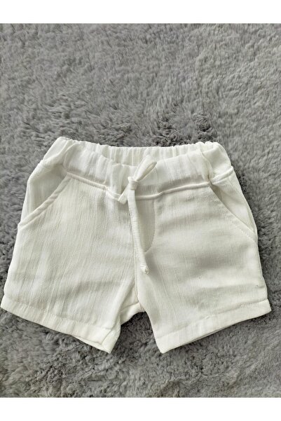 Butik Erkek Organik Şile Bezi Pamuklu 3'lü (Gri, Mavi, Ekru) Beli Lastikli Cepli Bebek ve Çocuk Şortu