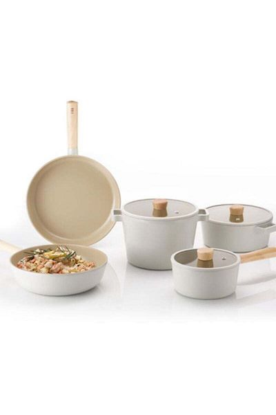 NEOFLAM Fika Glass Lid Cast Iron 8 Piece Pot Pan Set Beige22dr24sığ26tava18sos28tava