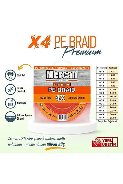 Mercan Premium X4 Pe - 300m Orange Reel Fishing Line