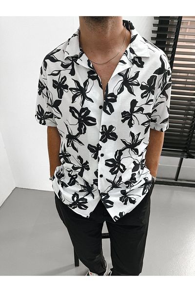 King Brothers Men's Oversize Mono Collar Patterned Short Sleeve Shirt