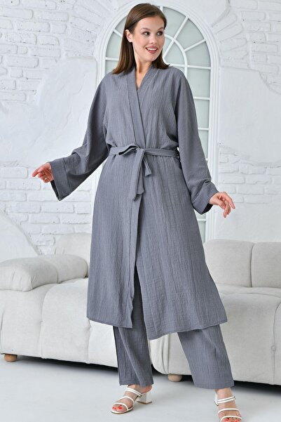 GİM Σετ γκρι υφαντό παντελόνι και μπουφάν - Γυναικείο, με λεπτομέρεια σχισμής