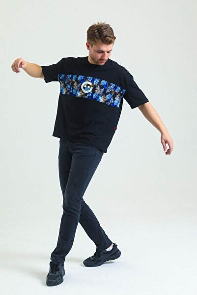 GüleGüleGiy Υπερμεγέθη μπλουζάκι με τροπικό νέον στάμπα για άνδρες, μαύρο