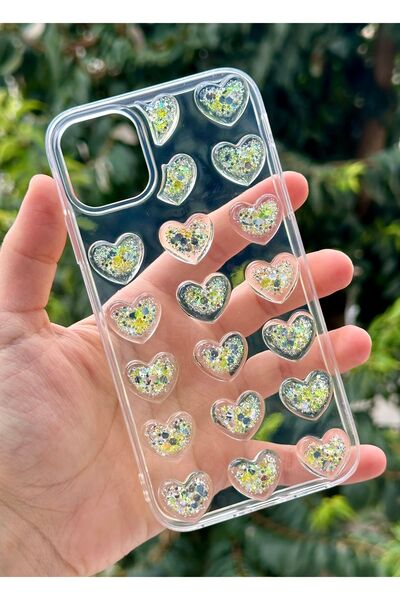 HYPERSOFT Iphone 12 ve 12 Pro (6.1 inç) Uyumlu 3d Kabartmalı Renkli Simli Kalp Detaylı Şeffaf Kılıf Kapak