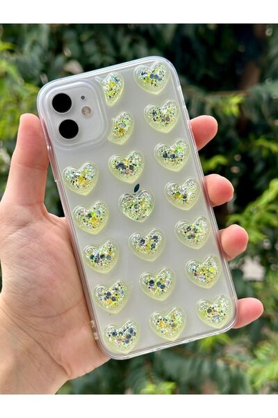HYPERSOFT Iphone 12 ve 12 Pro (6.1 inç) Uyumlu 3d Kabartmalı Renkli Simli Kalp Detaylı Şeffaf Kılıf Kapak