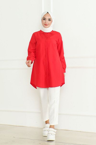 Eliva Red Terikoton Hidden Button Boyfriend Hijab Shirt - for Women