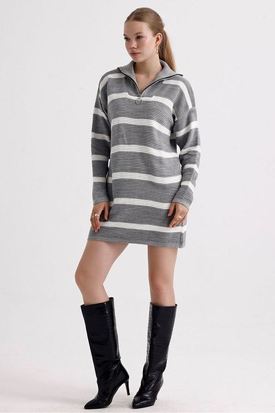 MD trend Patterned Oversize Striped Knitwear Tunic - Zippered Collar Women's Dress