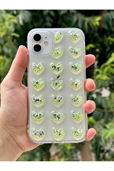 HYPERSOFT Iphone 12 ve 12 Pro (6.1 inç) Uyumlu 3d Kabartmalı Renkli Simli Kalp Detaylı Şeffaf Kılıf Kapak