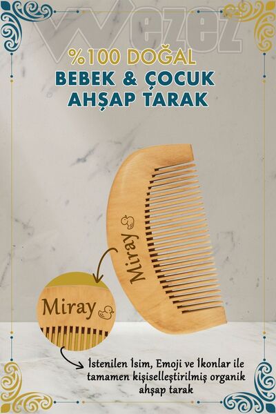 Wezez İsimli & Emojili Ahşap Şimşir (Makrome) Tarak - Bebek & Çocuk Saç Tarağ...