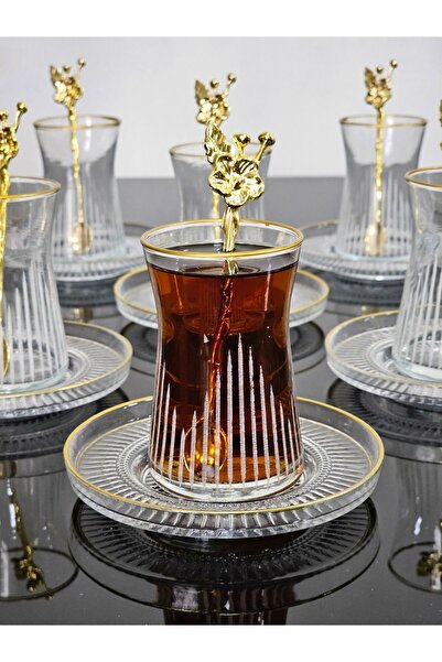 Aymin Kristal Çay seti Elysia Tabaklı 18 Parça Gold Yaldızlı Japon Gülü Çay Kaşıklı