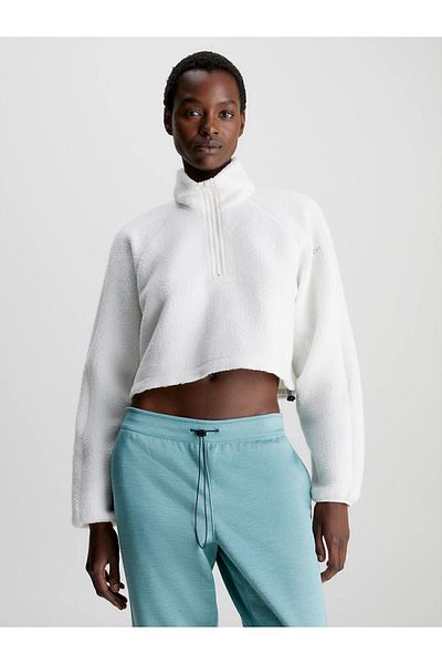 Calvin Klein Women's Shoulder with Brand Signature, Fleece Fabric, Stylish Look, Can Be Worn as a Crop with Zipper Pocket, White Sw