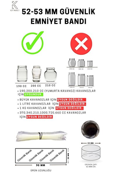 KEY Market Standart Kavanoz Güvenlik Emniyet Bandı 100 Adet, 52-53mm Ağız Çap...