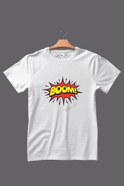 Patlayan Boom Yazılı Görsel Baskılı Unisex Tişört Beyaz