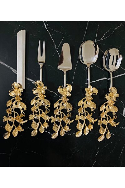 moda atölyesi Servis Kaşık Seti 5 Parça El Işçiliği Gold Renk Zarif Servis Ka...