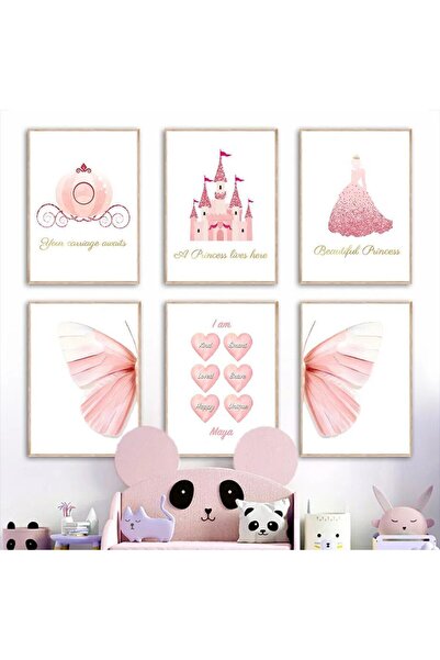 Farklı Hediyelik Pembe Prenses Kelebek Sof Harika Kız Temalı Çocuk Odası 6'lı...