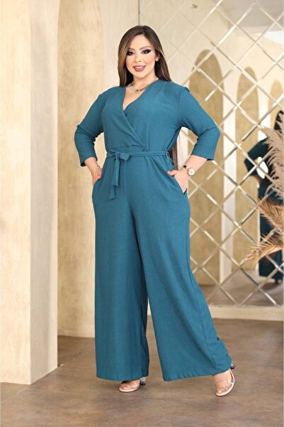 garajmood Green Double Breasted Collar Wrap Fabric Long Sleeve Comfortable Plus Size Jumpsuit