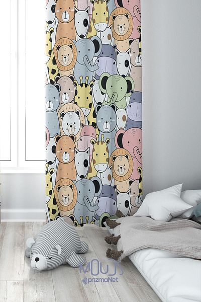 Moud's Little Animals Patterned Colorful Background Curtain - Kids and Baby Room, Suede Printed Drawstring, Single Wing
