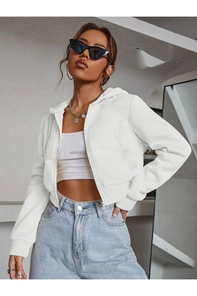 LOUİSA Ζακέτα με λευκή κουκούλα με φερμουάρ Raster Crop - Γυναικεία