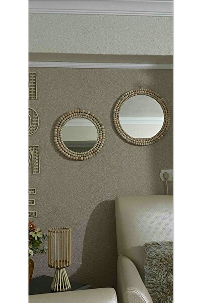 BOHEM Dekoratif Ahşap 2li Boncuklu Ayna & Dekoratif Yuvarlak Ayna & Duvar Dek...