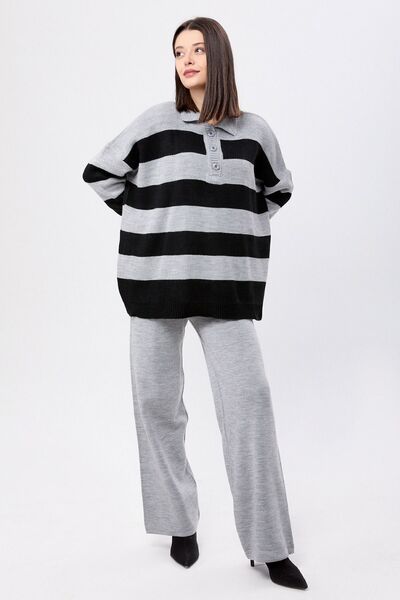 TOFİSA Szürke kötöttáru tunika és nadrág szett - Sima inggallér - 23895