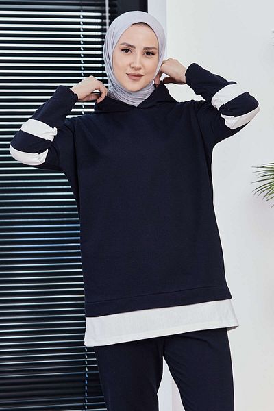 TOFİSA Γυναικείο τουνίκ παντελόνι Navy Blue - Ίσιος γιακάς με κουκούλα - 3024