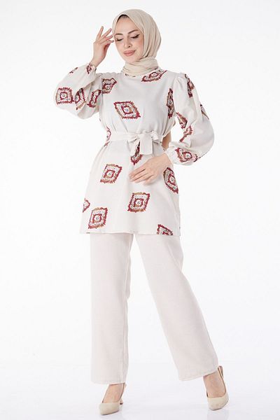 TOFİSA Women's Double Suit - Claret Red Patterned, Crew Neck - 13164