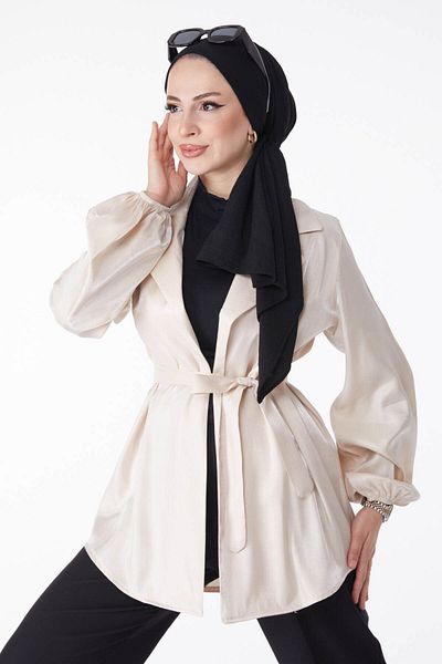TOFİSA Beige Damenjacke – Gerader Kragen mit glänzendem Detail und Gürtel – 24752