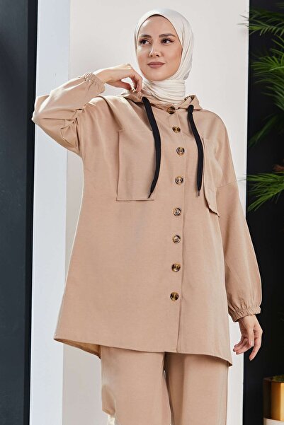 TOFİSA Μπεζ γυναικείο τουνίκ παντελόνι - ίσιος γιακάς με κουκούλα - 3687