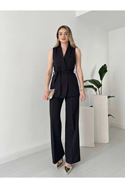 HARMONY GLOBAL طقم بنطلون وسترة بالازو باللون الأسود - بحزام