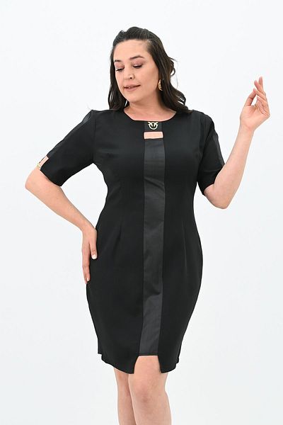 Koza Butik Rochie de damă cu mânecă scurtă, cu detaliu cu rever, mărime mare 5213-24