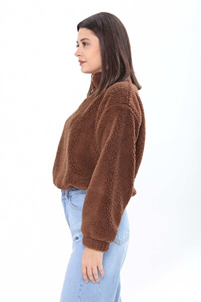 TOFİSA Γυναικείος καφέ βελούδινος ιδρώτας - Απλός γιακάς Judge - 24001