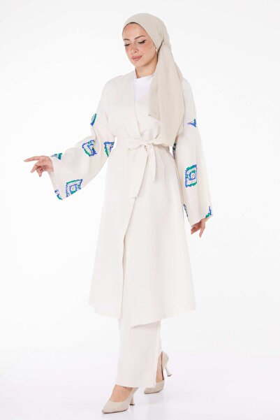 TOFİSA Women's Blue Kimono and Trousers Double Suit - Straight Jacket Collar - 13193
