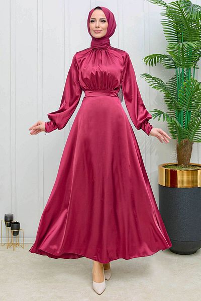 TOFİSA Flat Bicycle Collar Women's Burgundy Evening Dress - 11635