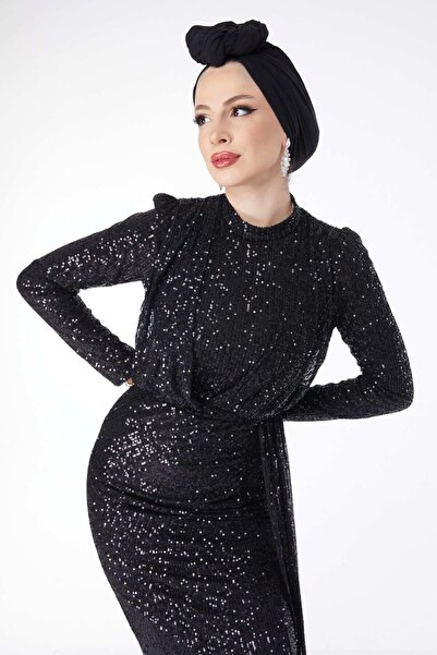 TOFİSA Czarna damska suknia wieczorowa z cekinami i prostym kołnierzykiem – 24598