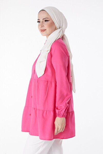 TOFİSA Fuchsia Gathered Women's Tunic - Plain Shirt Collar - 13177