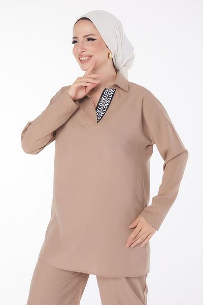 TOFİSA Dámská souprava norkové tuniky a kalhot – jednoduchý košilový límec – 13201