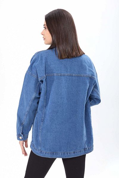 TOFİSA Blue Stone Detailed Straight Shirt Collar Women's Denim Jacket - 23622