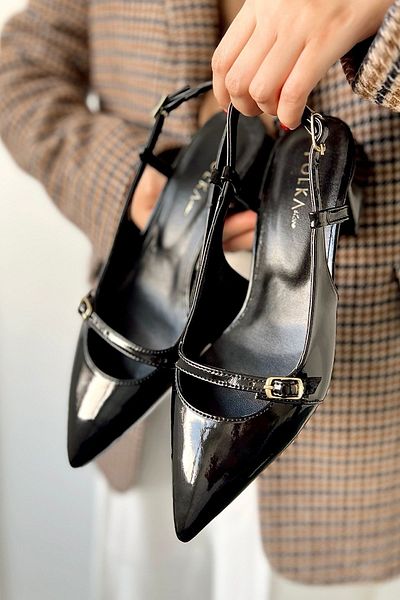POLKA STORE Simple Pointed Toe Single Strap Buckle Patent Leather Block Heeled Women's Shoes