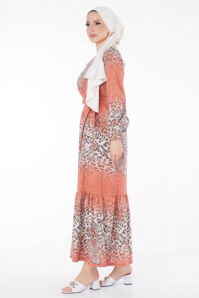 TOFİSA Oranžové vzorované rovné dámské šaty s výstřihem - 13204