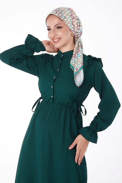 TOFİSA Green Ruffled Straight Chief Collar Women's Dress - 13269