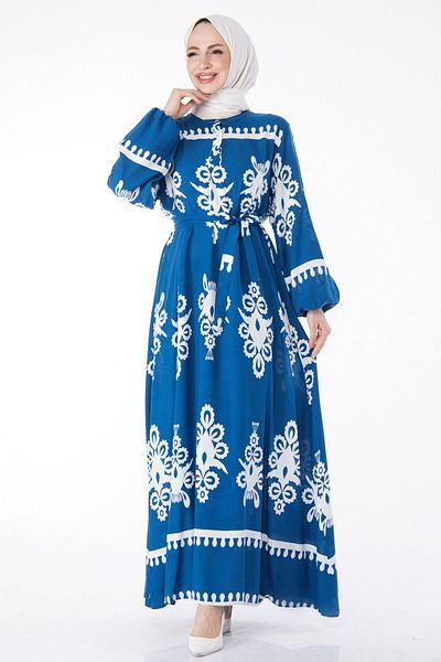 TOFİSA Rochie de damă cu guler șef drept cu model albastru - 24989