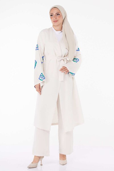 TOFİSA Women's Blue Kimono and Trousers Double Suit - Straight Jacket Collar - 13193