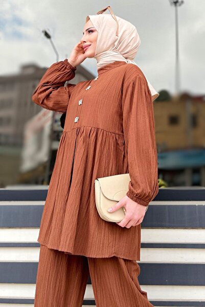 TOFİSA Γυναικείο Παντελόνι Καφέ Τουνίκ - Ίσιο Crew Neck - 11629