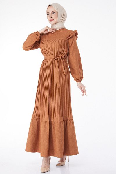 TOFİSA Plain Magnifying Collar Women's Tan Long Sleeve Shoulder Ruffle Pleated Dress - 24430