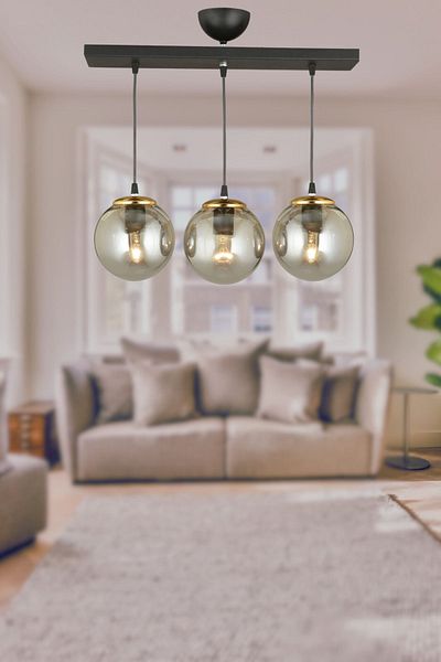 SONSUZ AYDINLATMA&AVİZE Infinite Row Black 3-Piece Honey Globe Glass Pendant Lamp Luxury Chandelier